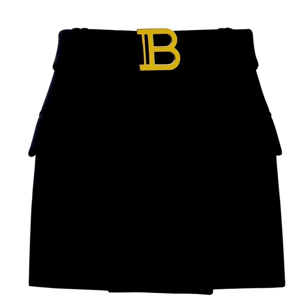 BALMAIN Ladies Black Logo Belted Mini Skirt 36 4 6 Small Medium Wool NWT